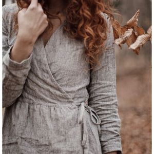 Simply Grey Linen LS Wrap Dress in XS Stripe